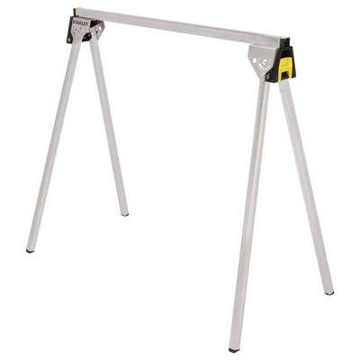 Ein zusammenklappbares Metall-Sägebockgestell mit vier Beinen und einer Metallstange oben.