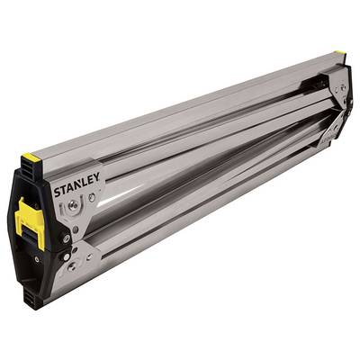 Zusammengeklappter, tragbarer Arbeitstisch aus Metall mit gelbem Griff, Markenlogo auf der Seite.