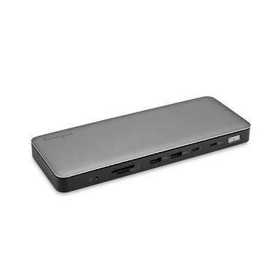 Flache silberne Dockingstation mit mehreren Anschlüssen: USB, HDMI und Audiobuchse. Markiert mit 'Kensington'.