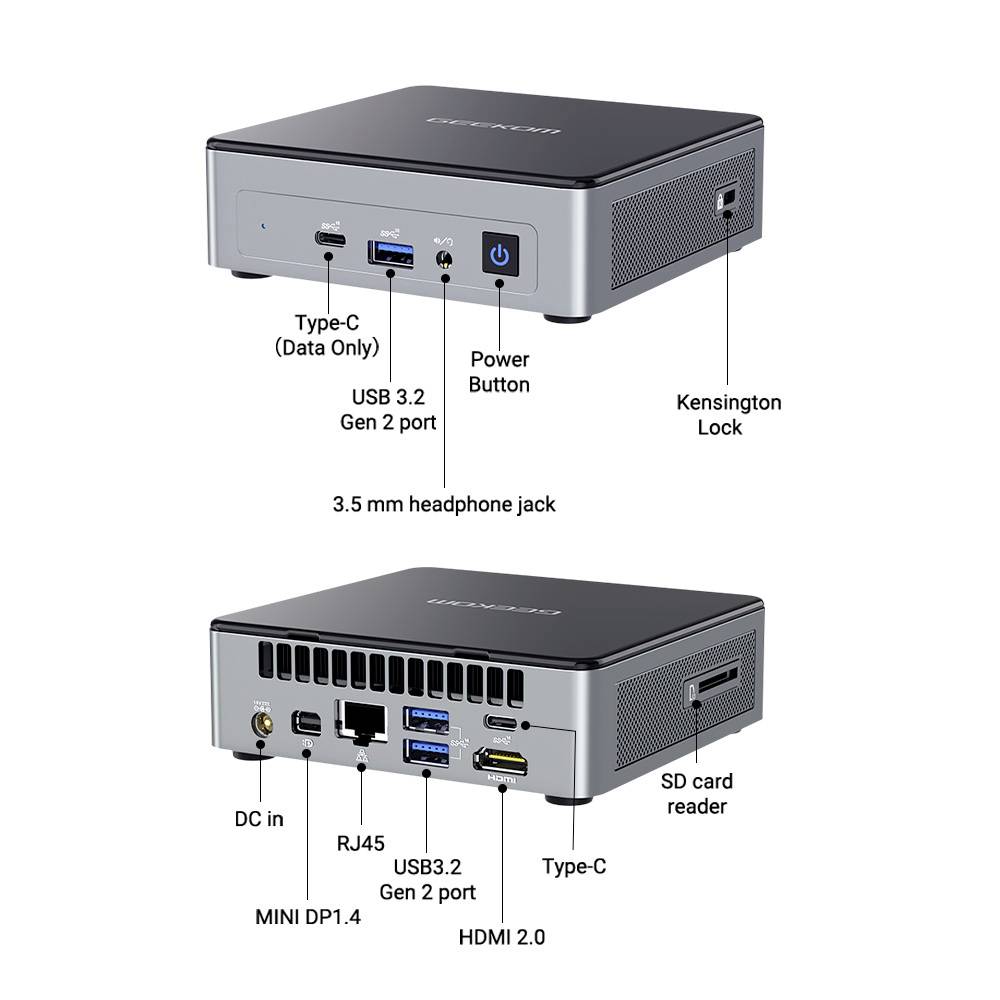 Kompakter Mini-PC mit zahlreichen Anschlüssen: USB, HDMI, Typ-C, Kopfhörerbuchse, Netzanschluss, RJ45 und SD-Kartenleser.