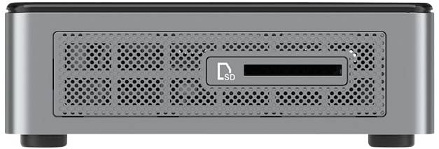 Graues elektronisches Gerät mit Lüftungsgittern und einem SD-Kartenslot auf der Vorderseite.