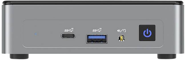 Grauer Mini-PC mit Anschlüssen an der Vorderseite: USB-C, USB-A, Audioanschluss und Netzschalter.