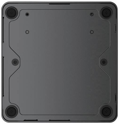 Die Unterseite eines quadratischen Geräts mit vier runden Füßen in den Ecken. Die Oberfläche ist dunkelgrau.