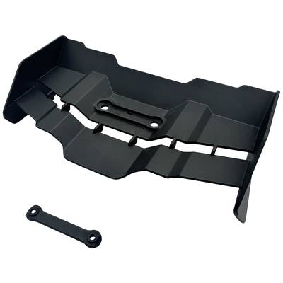Schwarzes Kunststoffbauteil mit unregelmäßigen Kanten und zusätzlichem kleinen Teil, möglicherweise für Fahrzeug oder Maschinenschutz.