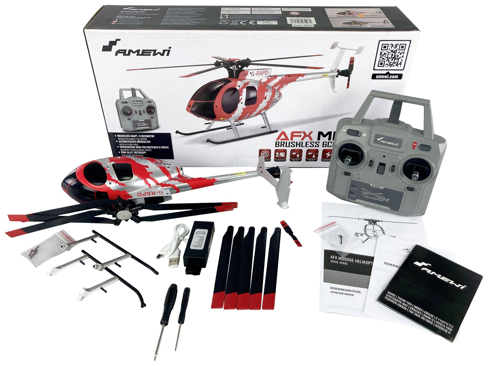 Ein Ferngesteuerter Hubschrauber-Kit mit Rotorschaufeln, Fernbedienung, Ladegerät, Schraubendreher und Anleitung vor der Verpackung dargestellt.