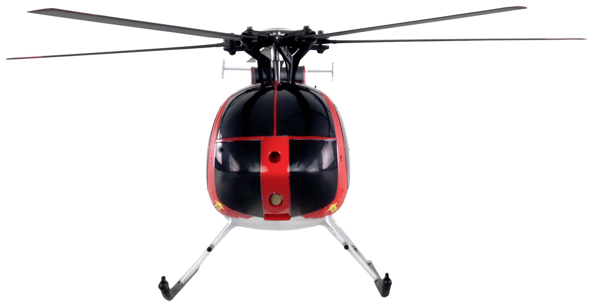 Ein roter Helikopter von vorne betrachtet auf weißem Hintergrund.