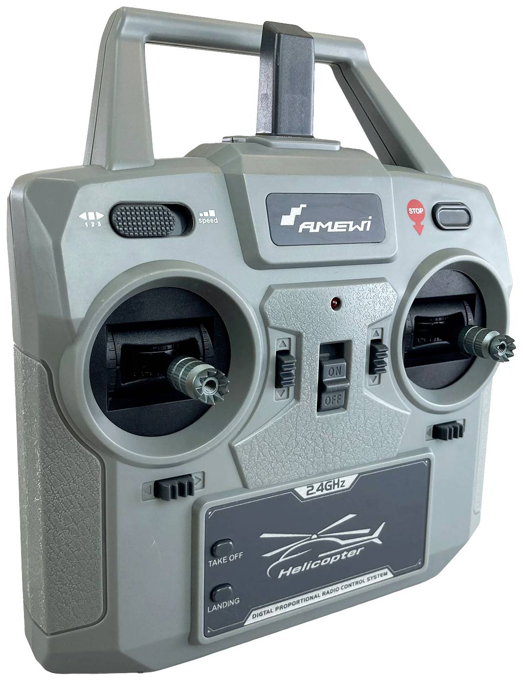 Eine graue Fernsteuerung mit zwei Joysticks und mehreren Schaltern, gekennzeichnet mit '2,4 GHz' und Symbolen für Start und Landung.