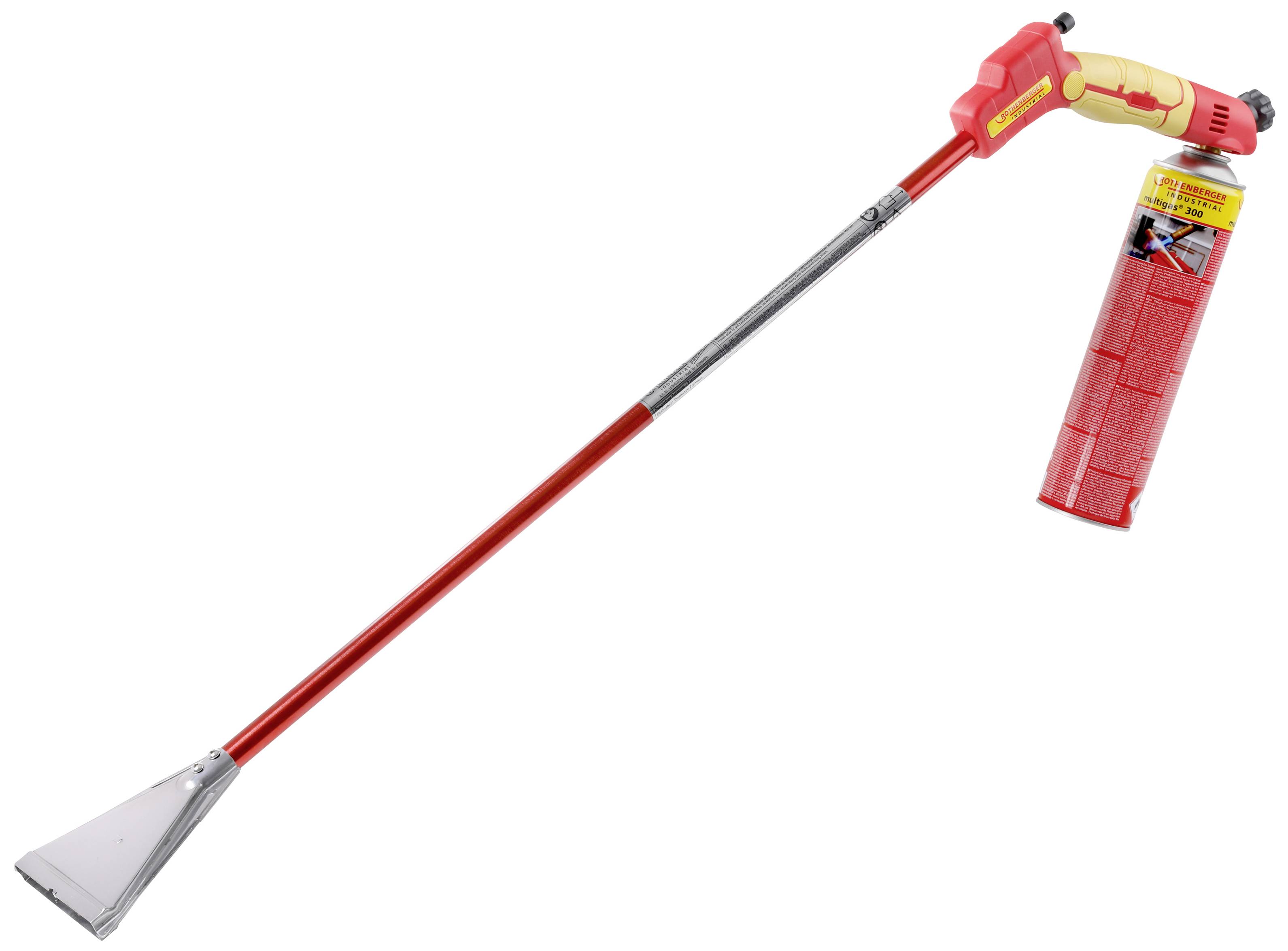 Eine rote, lange Spraydose mit einem Griff und einer integrierten Bürste. Geeignet für die Reinigung und Entfernung von Unkraut.