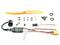 Elektronisches Flugzeug-Komplettset bestehend aus Propeller, Motor, Schrauben, Drehregler und Verbindungskabeln.