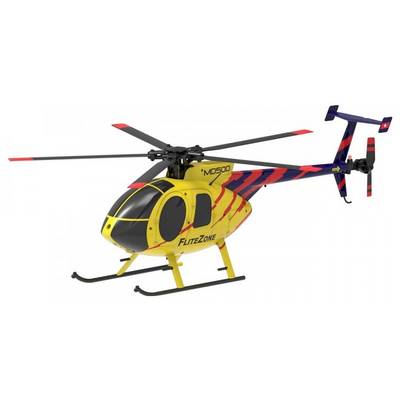 Modellhubschrauber mit gelbem Rumpf und roten Streifen, schwarz-roten Rotorblättern, Aufschrift 'MD500 FliteZone' auf dem Rumpf.