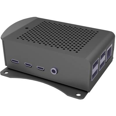 Ein kleines, rechteckiges, schwarzes elektronisches Gerät mit mehreren Anschlüssen auf einer Seite, vermutlich ein Mini-Computer oder Router.