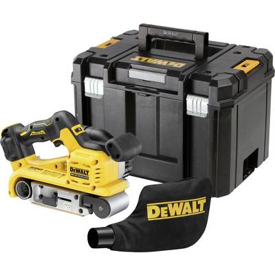 Ein gelber Akku-Bandschleifer von DeWalt mit einem schwarzen Transportkoffer und Staubbeutel, passend für handwerkliche Arbeiten.