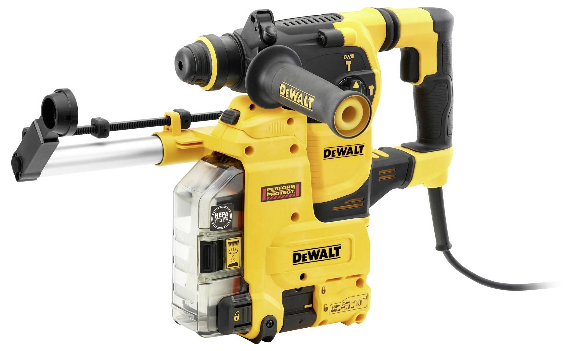 Gelber Elektrohämmer mit schwarzem Griff und Schlagbohrer. Marke gut lesbar auf mehreren Stellen. Gerät mit integriertem Staubbehälter.