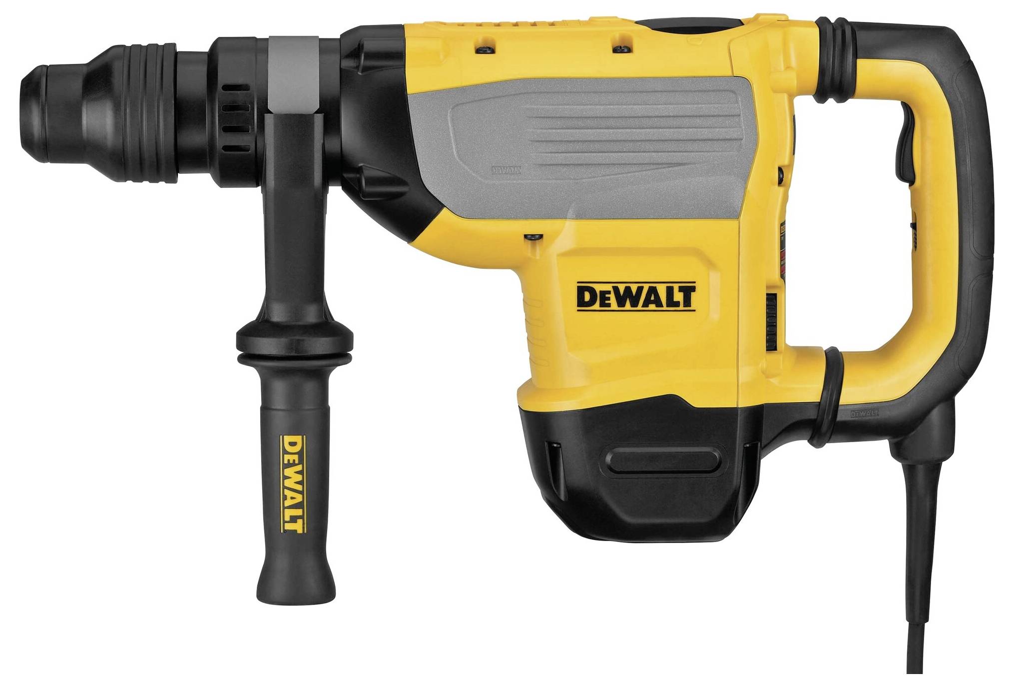 Ein gelber und schwarzer Elektrohämmer der Marke DeWALT mit Handgriff und Kabel, geeignet für schwere Bauarbeiten.