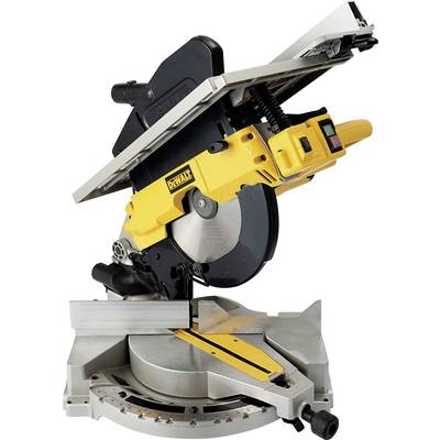 Eine gelbe, elektrische Gehrungssäge auf einem silberfarbenen Arbeitstisch, geeignet für präzise Holzschnittarbeiten.