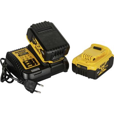 Ladegerät mit zwei gelben und schwarzen Akkus von Dewalt, einer auf dem Ladegerät, der andere daneben.