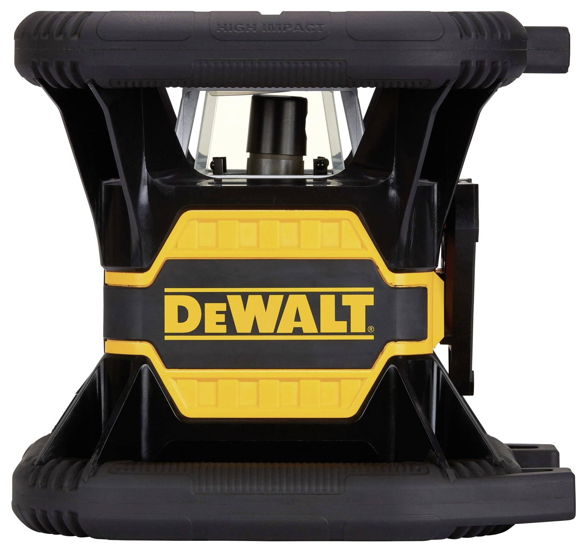 Ein gelbes und schwarzes DEWALT-Gerät mit robustem Rahmen, hauptsächlich aus Plastik, wahrscheinlich für Bau- oder Handwerkszwecke.