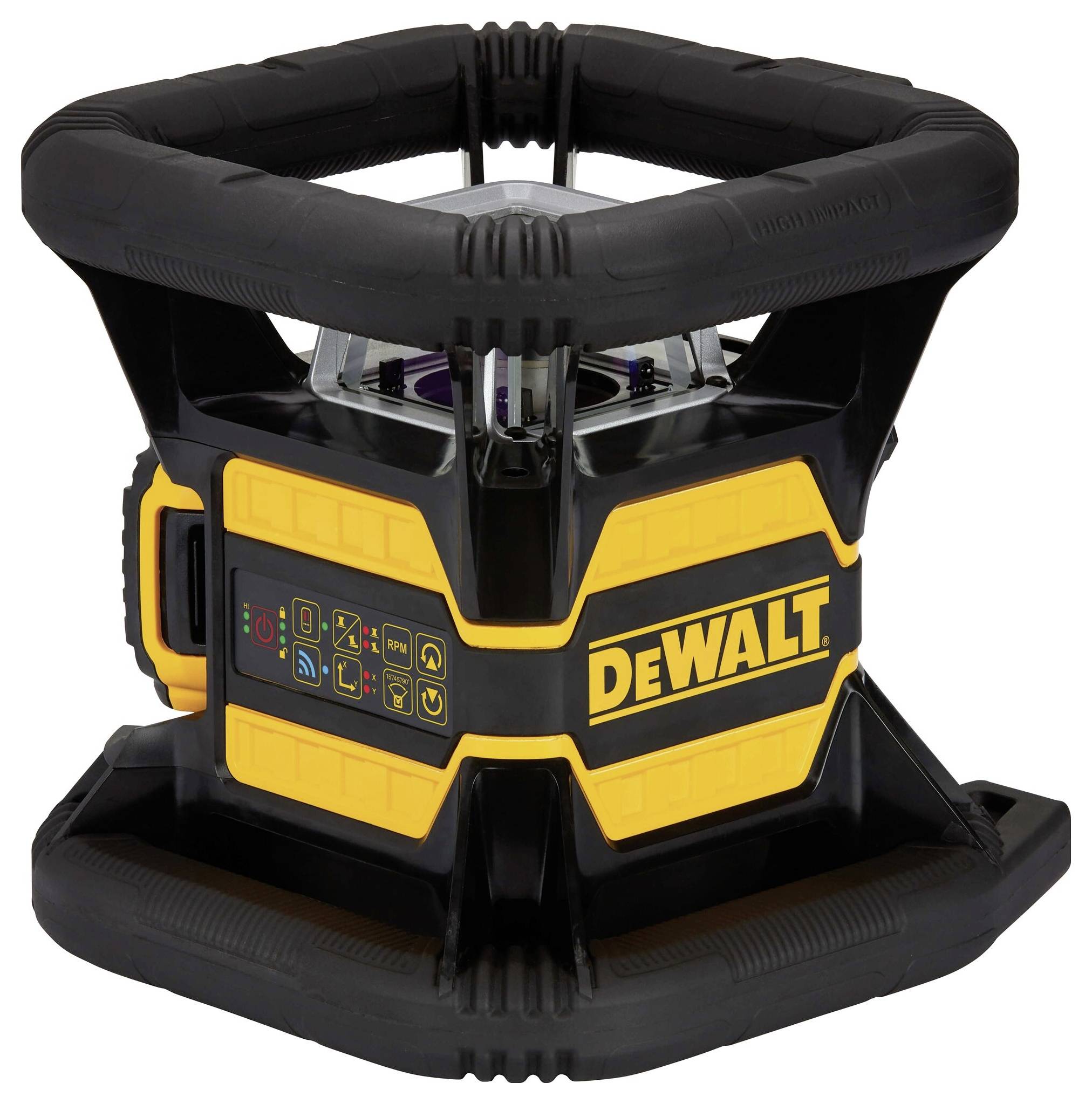Ein gelber und schwarzer, robust wirkender Baulaser der Marke DeWalt mit sichtbaren Funktionstasten, geeignet für präzises Nivellieren.