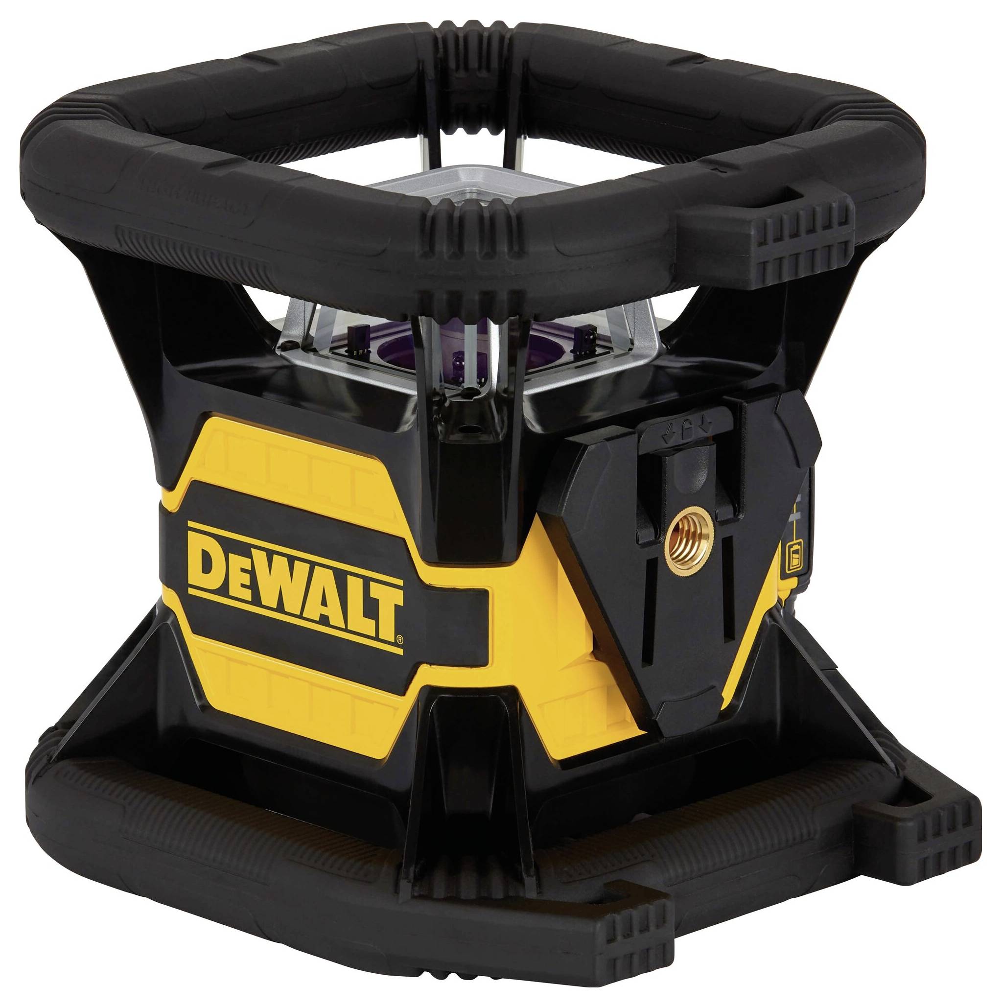 Baustrahler der Marke DeWalt in schwarzem und gelbem Design, kompakt mit einem robusten Rahmen für den Einsatz auf Baustellen.
