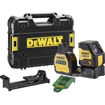 Werkzeugset von DeWalt; enthält eine schwarze Transportbox, einen Laser mit Zubehör und eine Batterie, hauptsächlich in Schwarz und Gelb gehalten.