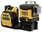 Ein gelbes Dewalt-Laserwerkzeug mit Akkupack und Ladestation. Anzeigen für Batterielevel sind sichtbar. Modell für Bauarbeiten geeignet.