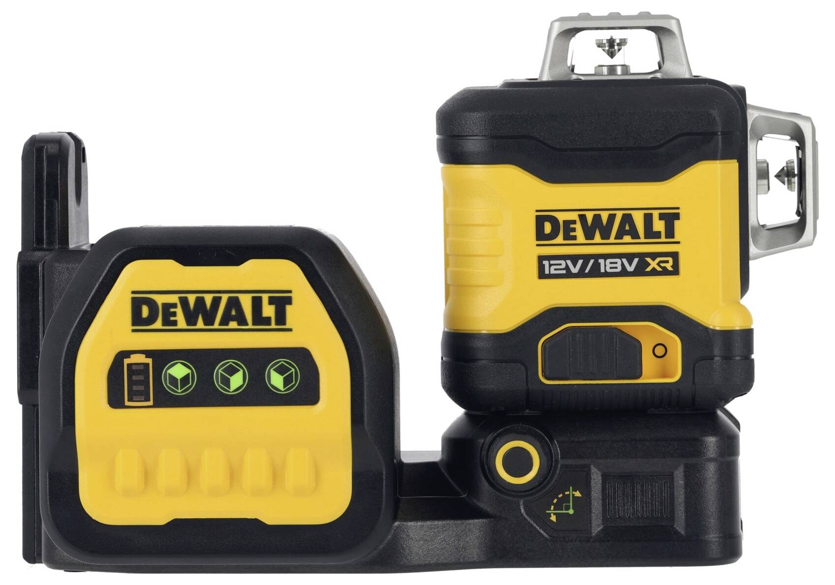 Laser-Nivelliergerät von DeWalt, Modell 12V/18V XR, mit Anzeigeleuchten und kompaktem Design für präzise Ausrichtungsarbeiten.