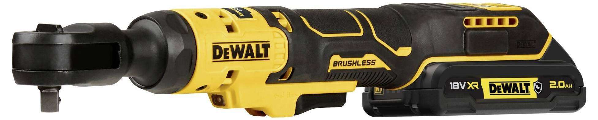 Akkuschrauber von Dewalt seitlich betrachtet, gelb-schwarz, mit Brushless-Technologie und 18V 2,0 Ah Batterie.