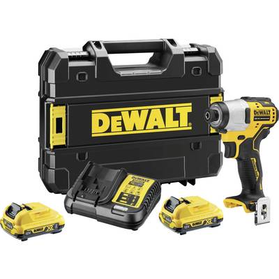 Akkuschrauber-Set von DEWALT mit Tragetasche, zwei Batterien und Ladegerät.
