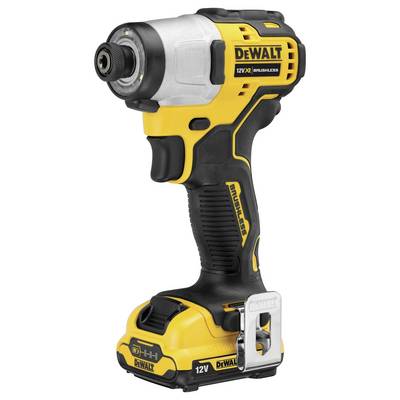 Ein gelber und schwarzer Akku-Schlagbohrschrauber mit ergonomischem Griff und DeWalt-Logo. Kompatibel mit 12V-Batterien. Ideal für Heimwerkerprojekte.