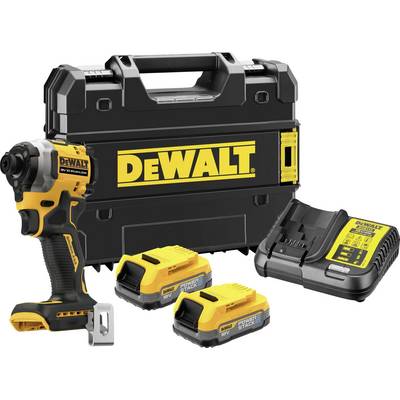 Akkubohrer-Set bestehend aus einem gelben und schwarzen Akkubohrer mit Ladegerät, zwei Batterien und einem Transportkoffer der Marke DEWALT.