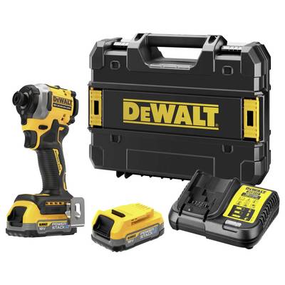 Ein gelber, kabelloser DeWalt-Schlagschrauber mit Akku, Ladegerät und Tragekoffer. Ideal für Bau- und Heimwerkerprojekte.