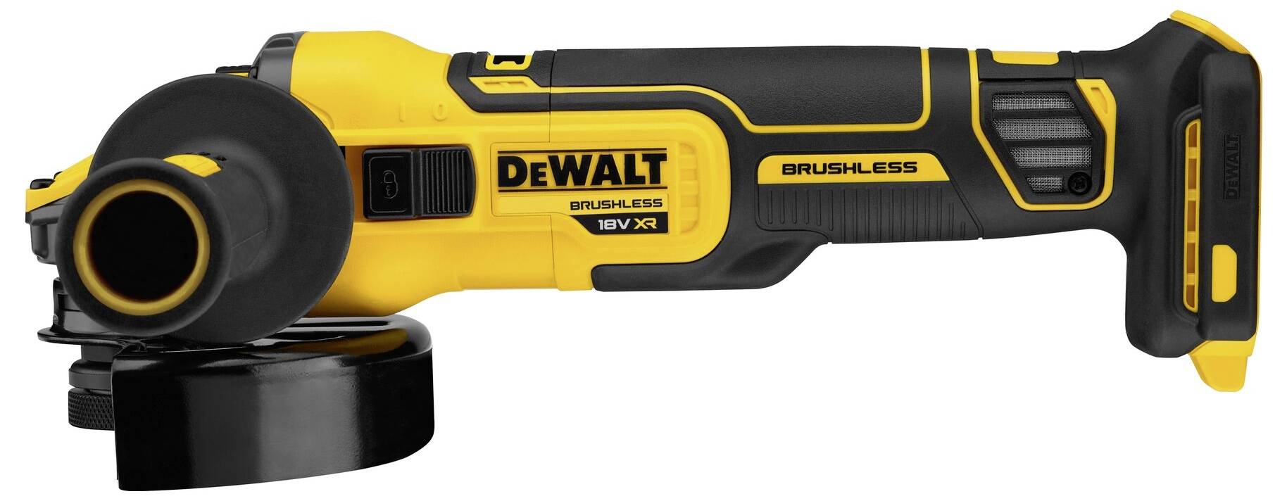 Ein gelber und schwarzer Akku-Winkelschleifer mit der Aufschrift 'DEWALT Brushless 18V XR', visuell betont auf Ergonomie und Haltbarkeit.