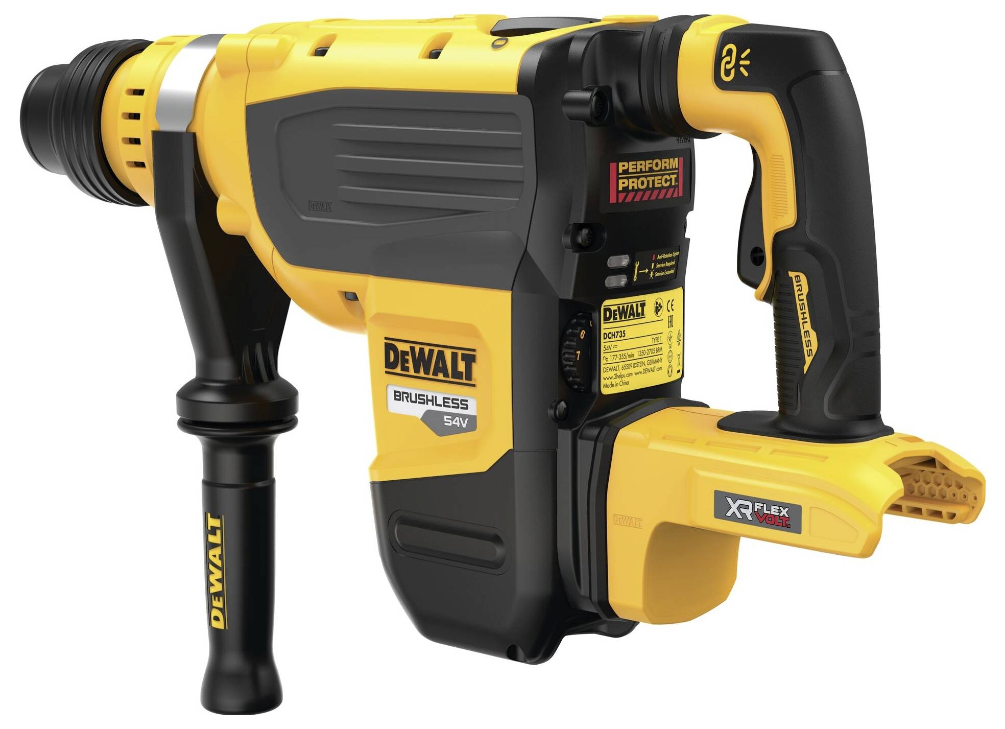 Ein gelber und schwarzer Akkubohrhammer mit der Aufschrift 'DeWALT'. Er verfügt über einen ergonomischen Griff und ist für Bauarbeiten geeignet.