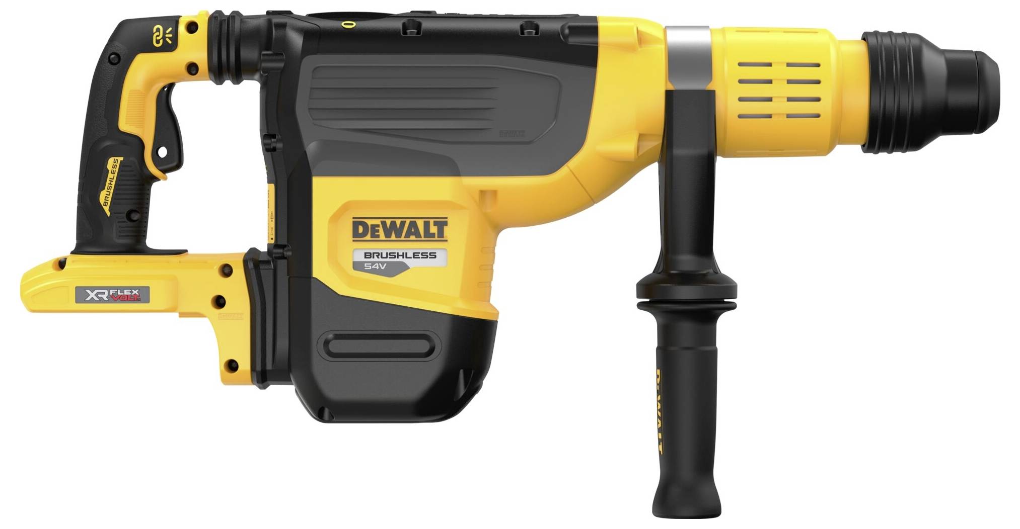 Ein gelber und schwarzer Elektrowerkzeug-Bohrhammer von DeWalt mit einem langen Griff zeigt Herstellerlogo und Modellkennzeichnung.