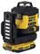 Ein gelber 18V DeWalt Laser-Nivelliergerät auf einem Akku. Hauptmerkmale: Rotationsteil oben und Bedienelemente seitlich.