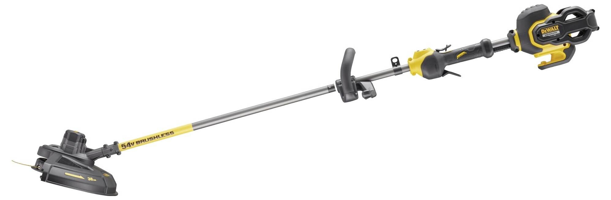 Akku-Rasentrimmer mit gelbem und schwarzem Design, ergonomischem Griff und Schneidekopf. Geeignet zur Pflege von Rasenflächen.