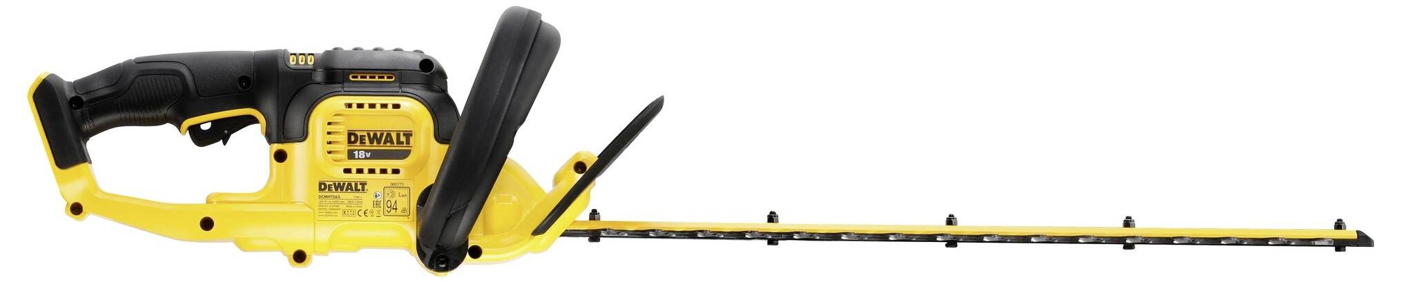 Elektrische gelb-schwarze Heckenschere mit ergonomischem Griff, geeignet zum Schneiden von Hecken und Sträuchern im Garten.