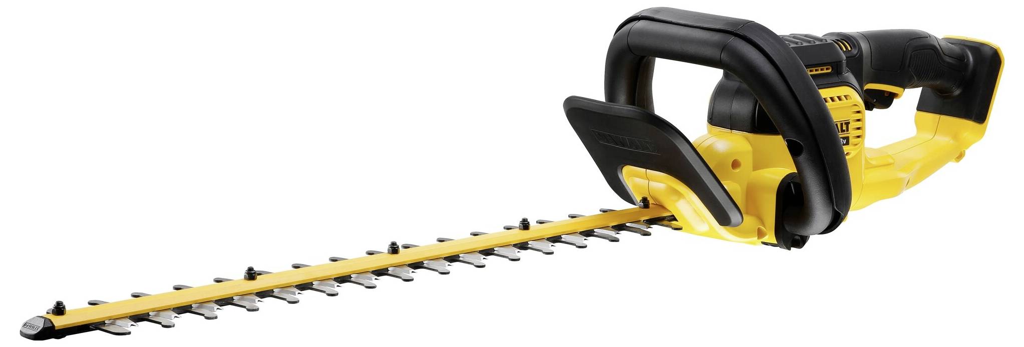 Gelbe und schwarze Heckenschere mit elektrischen Antrieb, liegend, zeigt die Schneideklinge. Geeignet zur Pflege von Hecken und Sträuchern.