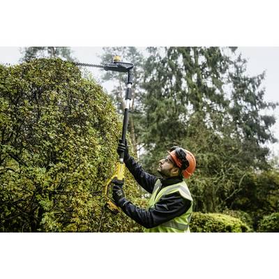 Eine Person mit Schutzhelm und Weste verwendet eine Teleskop-Heckenschere, um eine hohe Hecke im Garten zu schneiden.