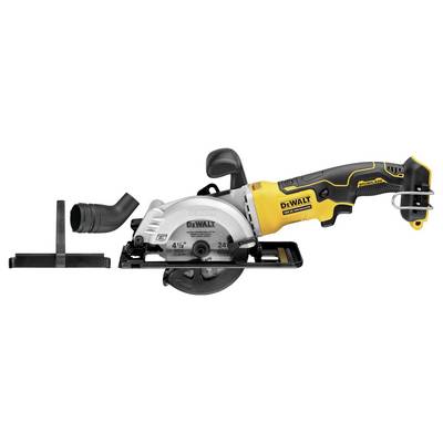 Eine gelb-schwarze Dewalt-Handkreissäge mit abnehmbarem Zubehör, geeignet zum Schneiden von Holzmaterialien.