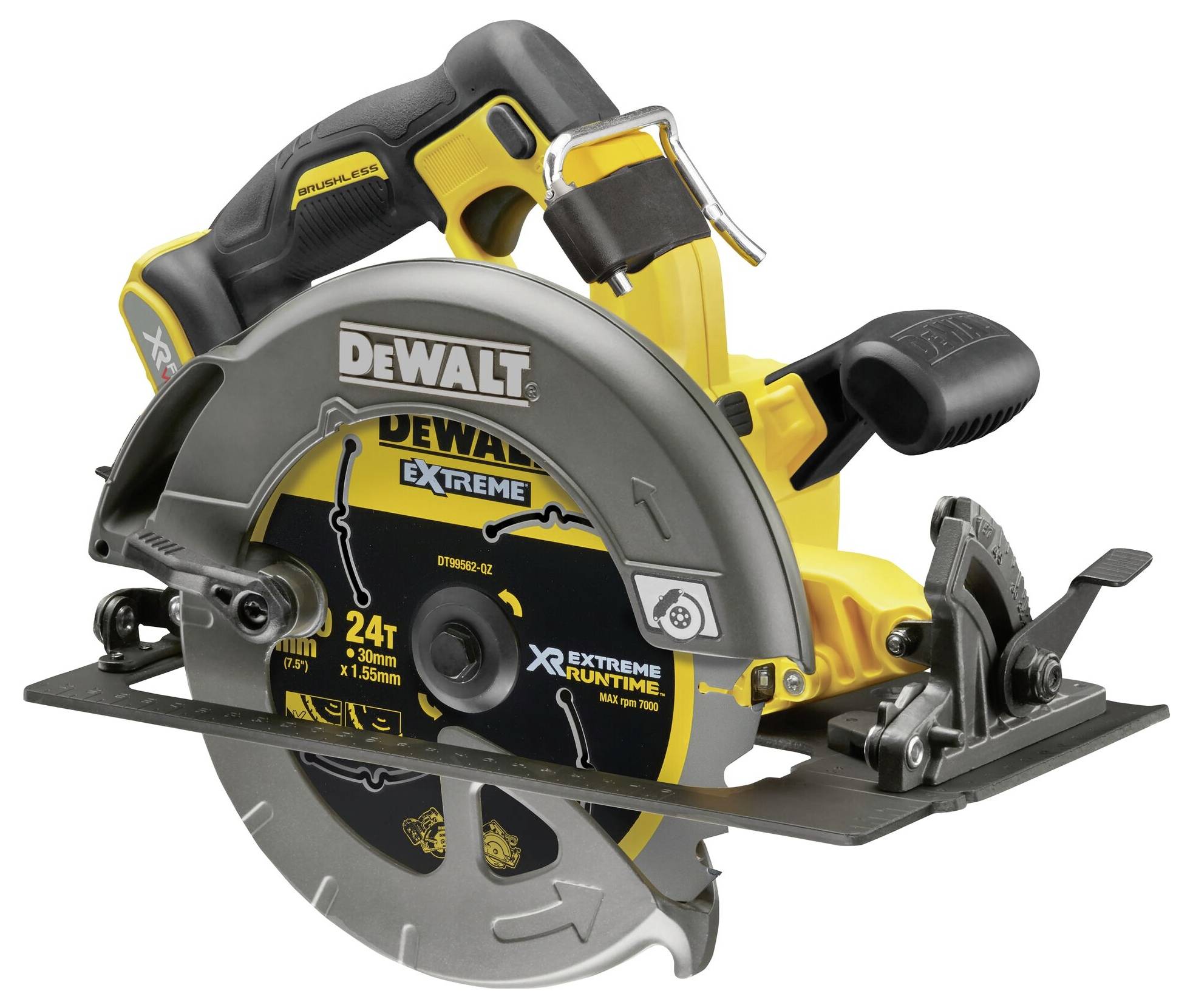 Eine gelbe und schwarze Handkreissäge von Dewalt mit 24-Zahn-Sägeblatt, geeignet für Holzarbeiten. Enthält Sicherheitsfunktionen.