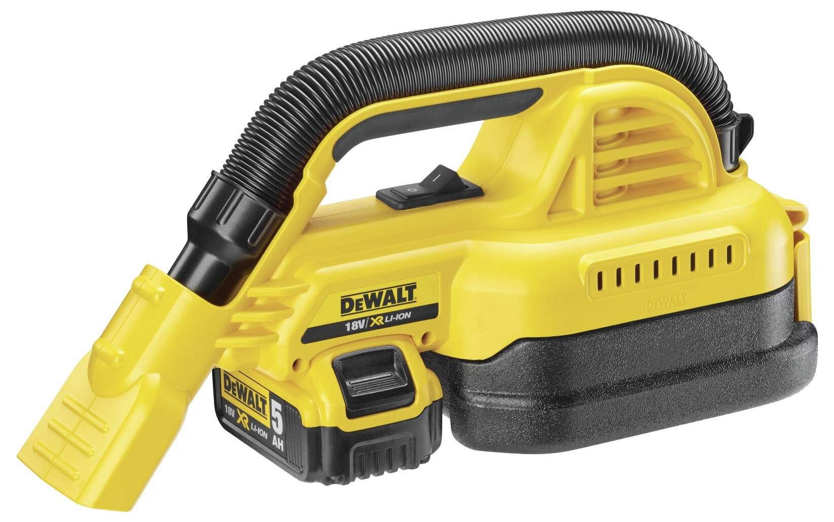 Ein gelber, tragbarer Akkustaubsauger mit einem schwarzen Saugschlauch. Der Staubsauger ist kompakt und kabellos.