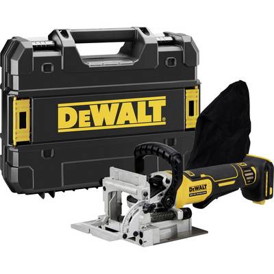 Ein kabelloses Elektrowerkzeug von DeWalt vor einem passenden schwarzen Werkzeugkasten mit gelbem DeWalt-Logo.