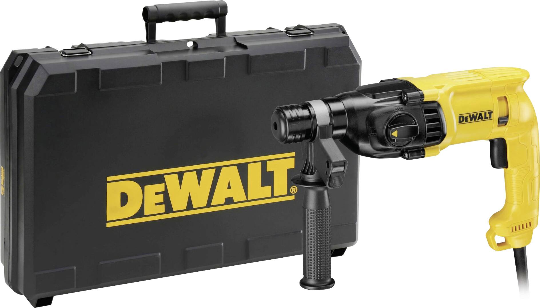 Ein gelber Bohrhammer der Marke DeWalt neben einem schwarzen Koffer mit dem DeWalt-Logo, bereit für den Transport oder die Aufbewahrung.