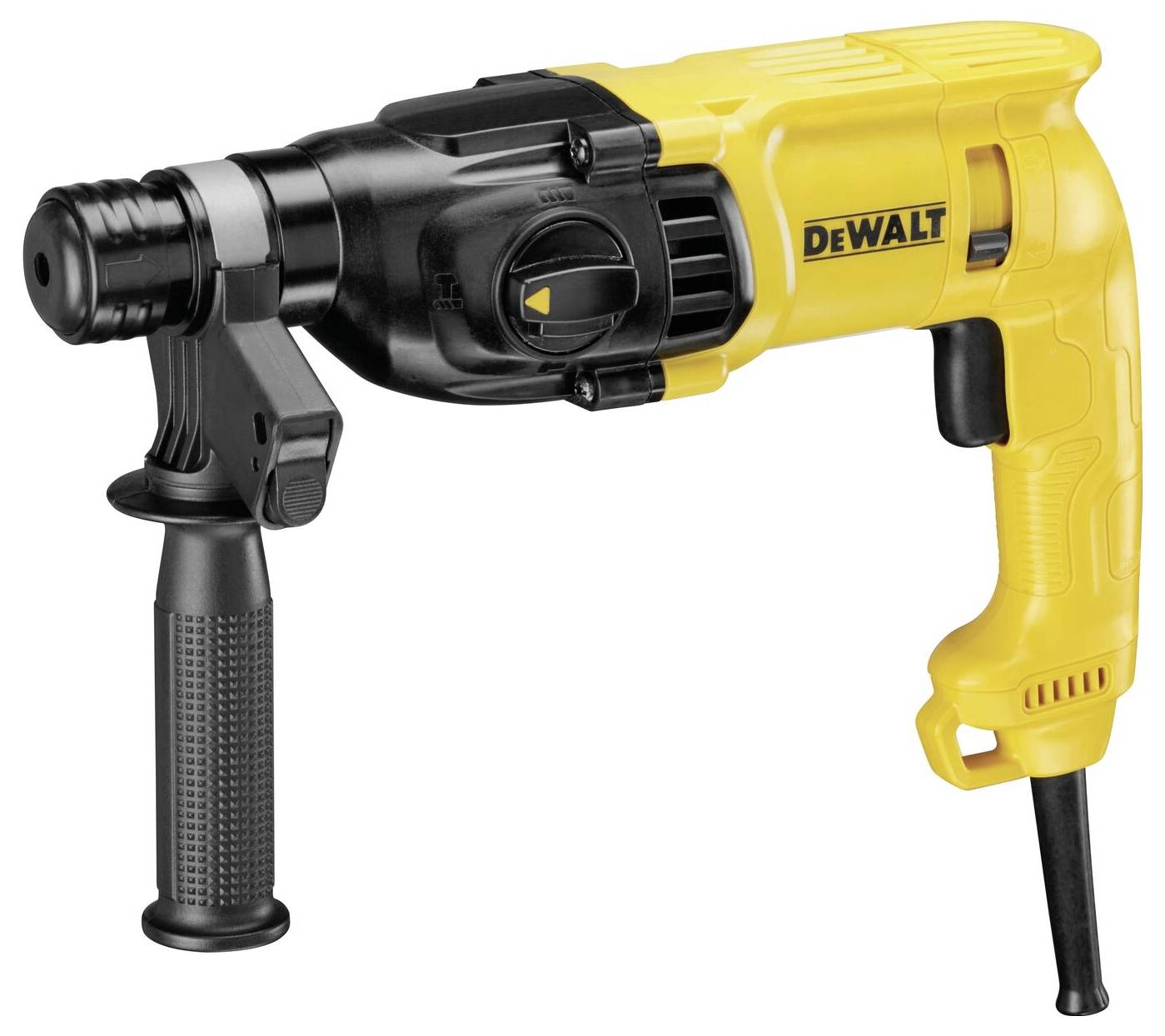 Gelbe und schwarze elektrische Bohrmaschine mit Seitenhandgriff, Marke DeWALT. Ideal für Bau- und Heimwerkerprojekte.