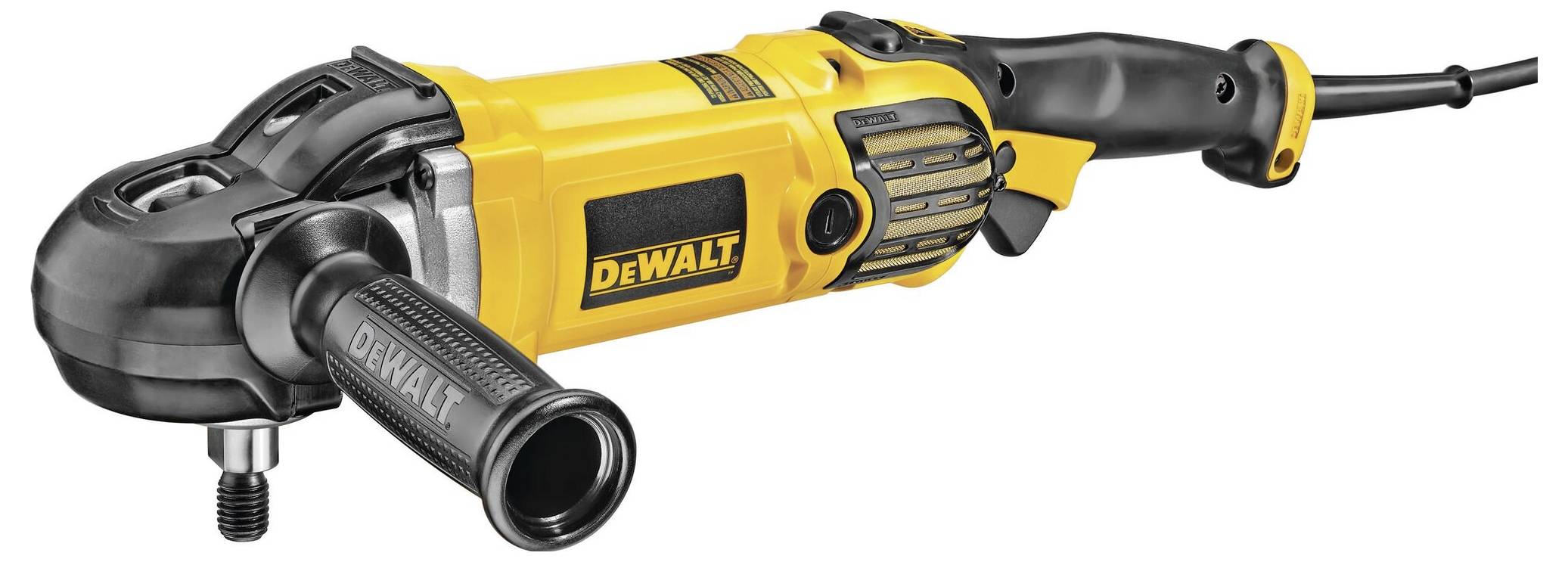 Gelber und schwarzer Winkelschleifer der Marke DeWalt, mit langem ergonomischem Griff und Netzkabel, verwendet für Schleifarbeiten.
