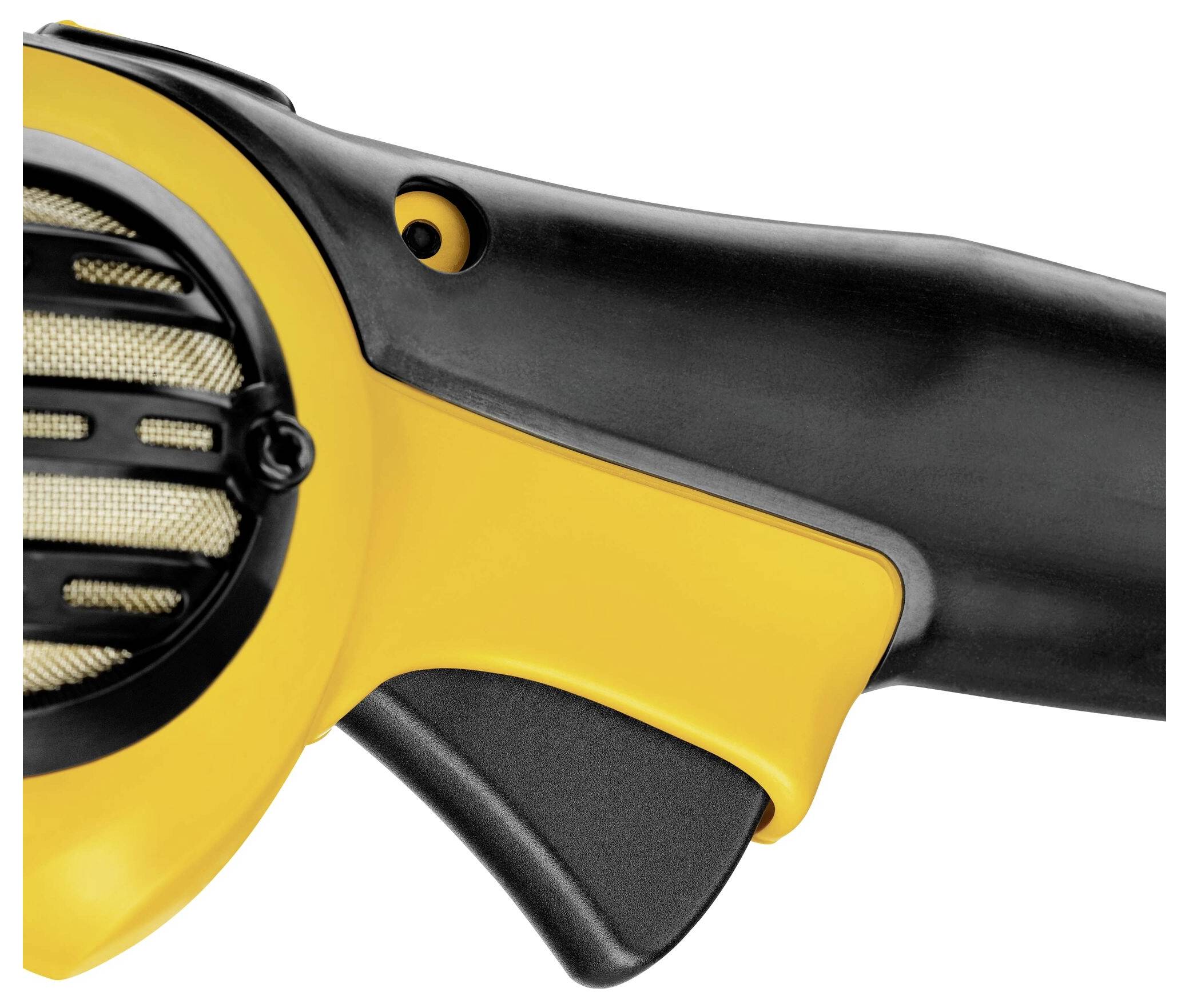 Eine Nahaufnahme eines gelben und schwarzen Gerätegriffs mit einem Netzgitter auf der linken Seite.