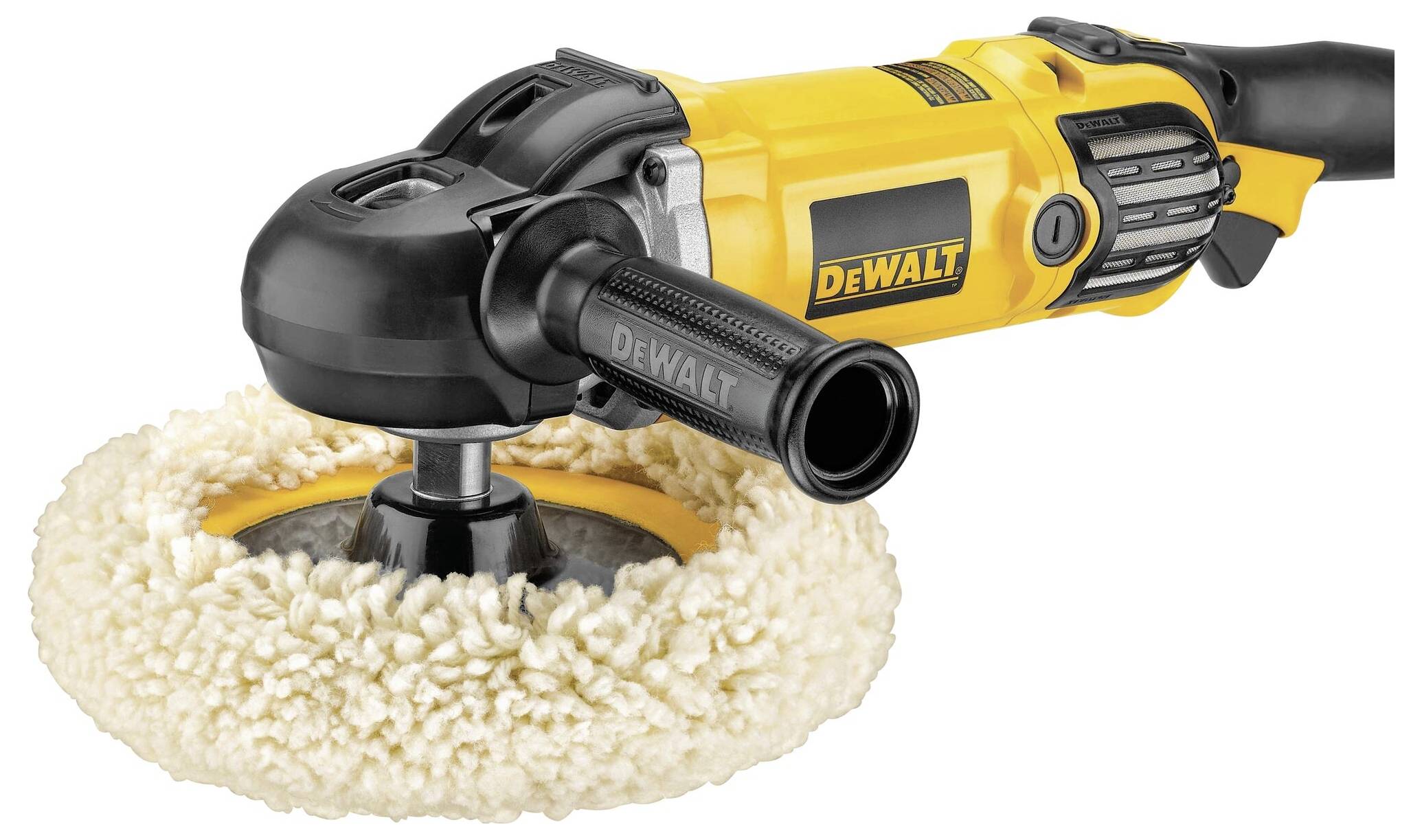 Eine gelbe DeWalt-Poliermaschine mit schwarzem Griff und beigem Polierpad, geeignet für Autopolieren oder ähnliche Anwendungen.
