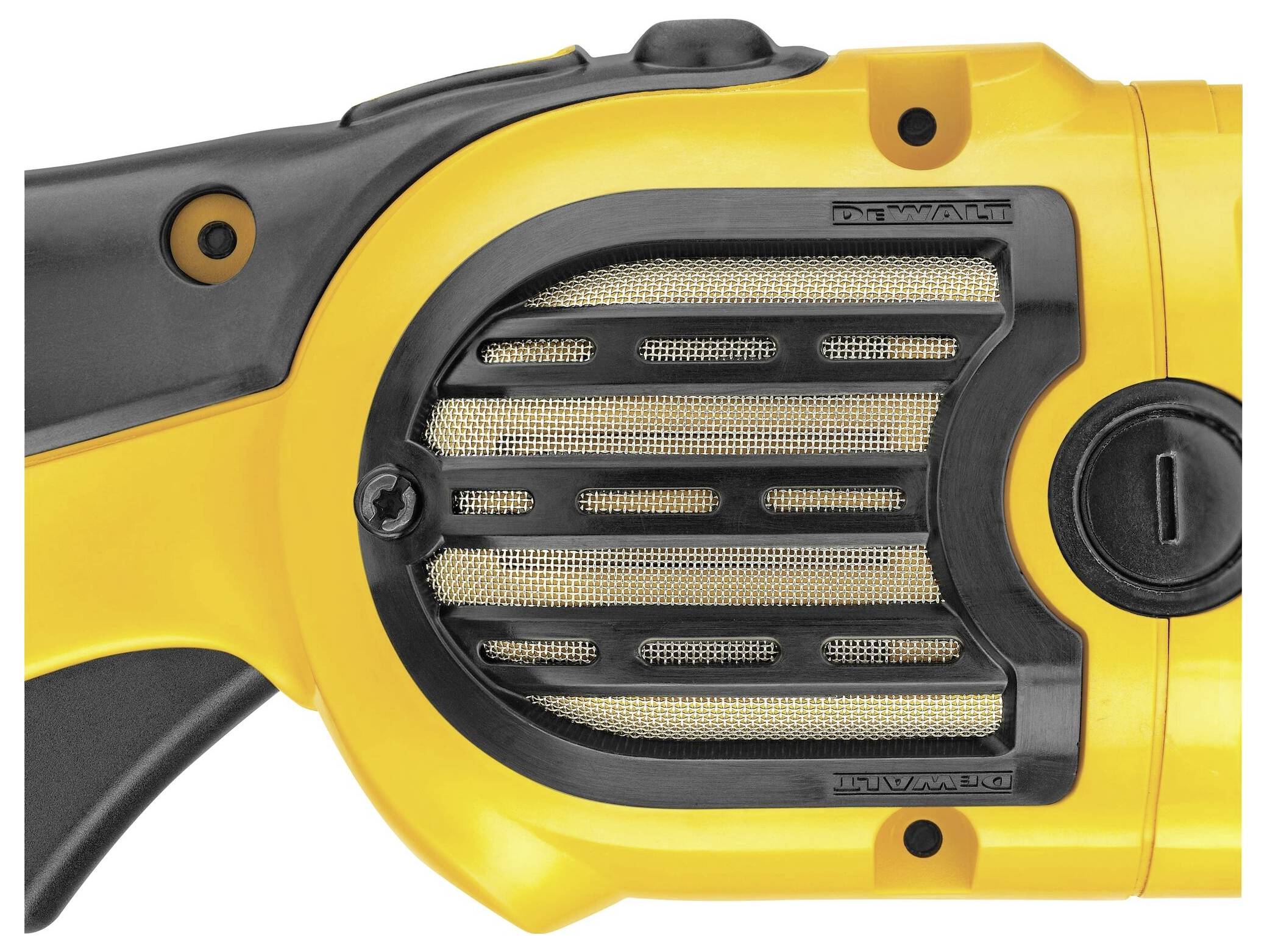 Nahaufnahme eines gelben Elektrowerkzeugs mit schwarzem Griff und Belüftungsgitter, möglicherweise Teil eines Schleifgeräts oder Bohrers.