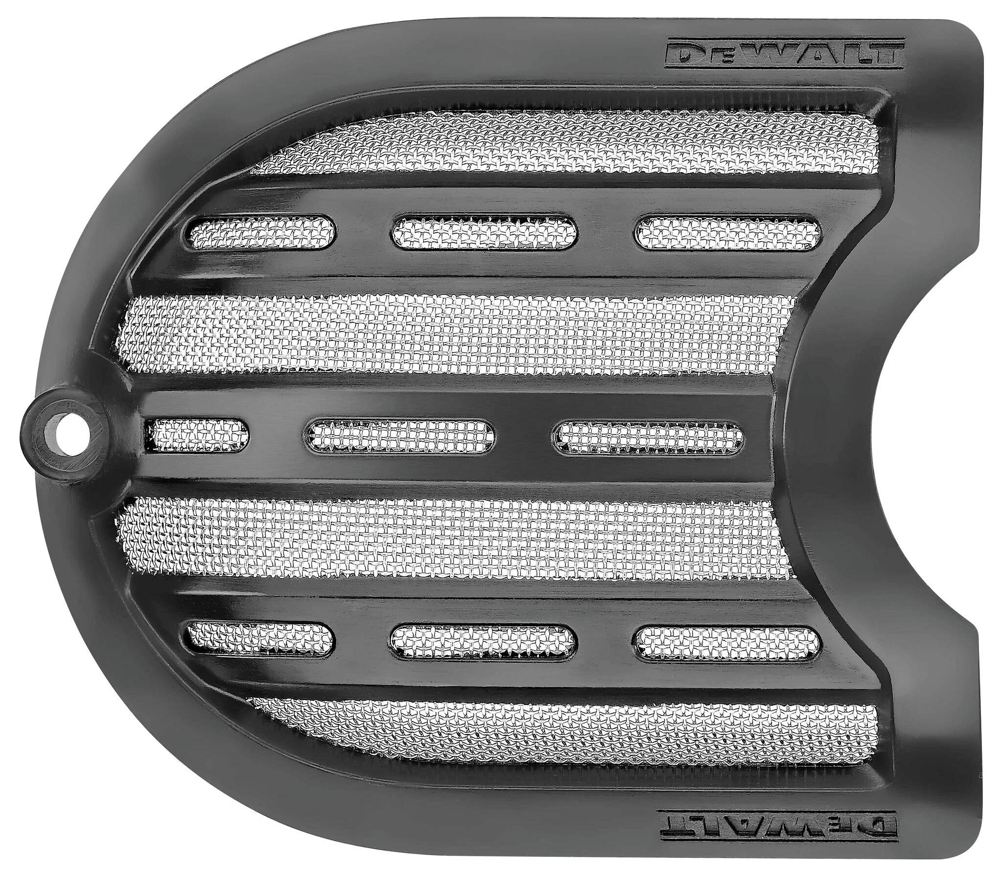 Ein runder, schwarzer Abdeckschirm mit Metallgittereinsätzen, markiert mit 'DEWALT'. Wird wahrscheinlich als Schutzvorrichtung verwendet.